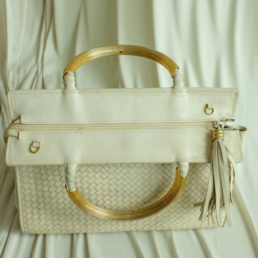 Fendi Woven Leather Tassel Bag - Cream/White, Gold Handles, Vintage - Picture 8 of 16